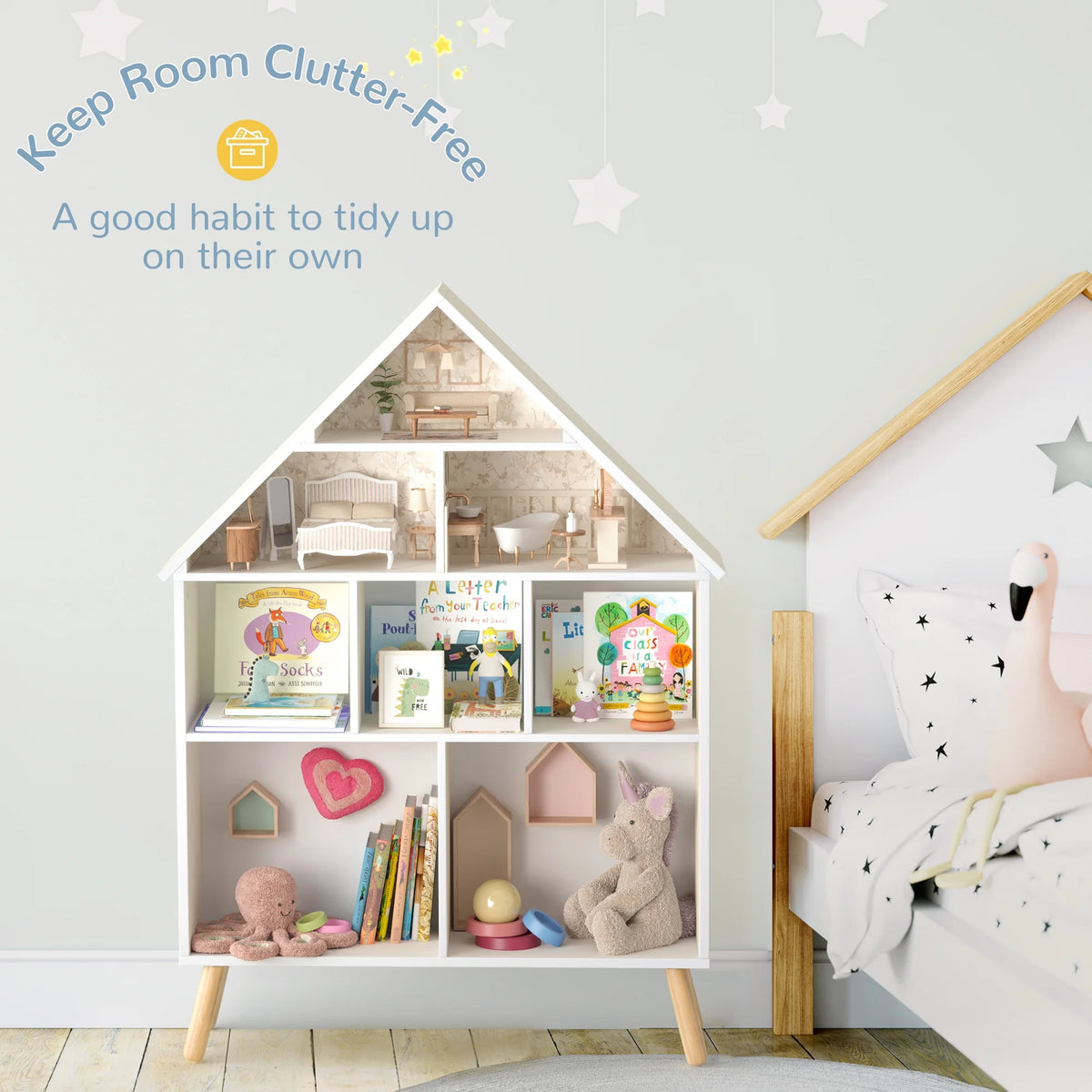 Curipeer 2-Tier Kids Bookshelf, Toy Storage Organizer with Motion-Activated Light, White