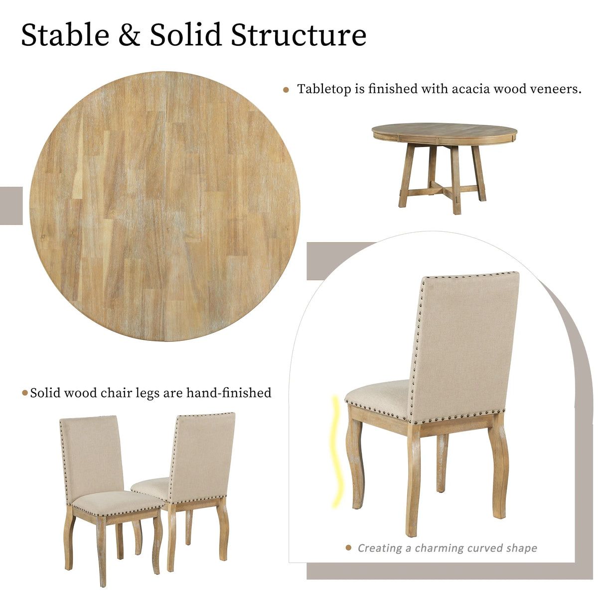 Bellemave 5-Piece Round Dining Table Set, Wood Farmhouse Extendable Dining Table and 4 Upholstered Dining Chairs, Kitchen Dining Table Set for 4 ��Antique White��