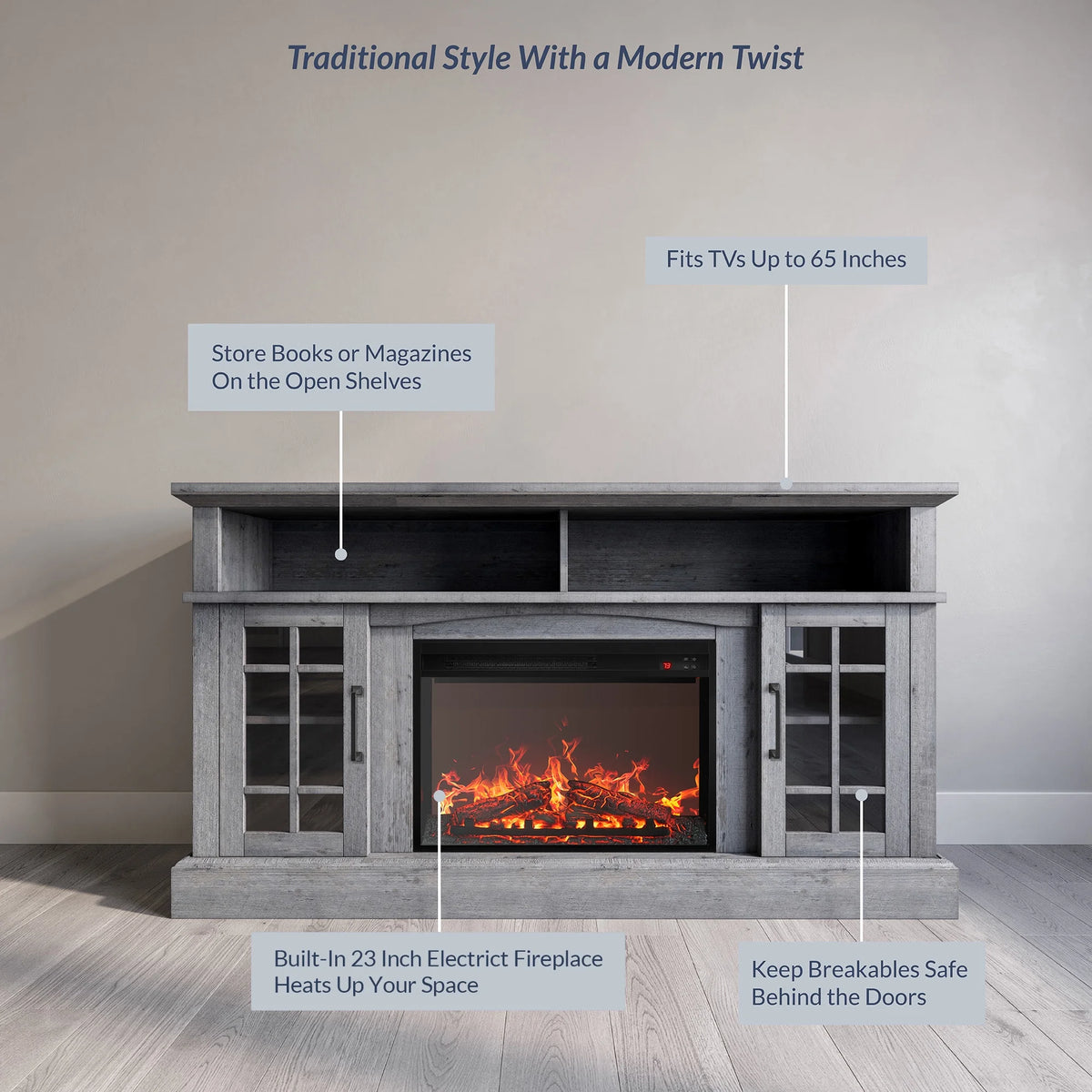 BELLEZE 58" TV Stand with 23" Electric Fireplace, Fireplace TV Console for TVs up to 65", Home Entertainment Center with Storage Cabinet and Adjustable Shelves - Astorga (Gray Wash)