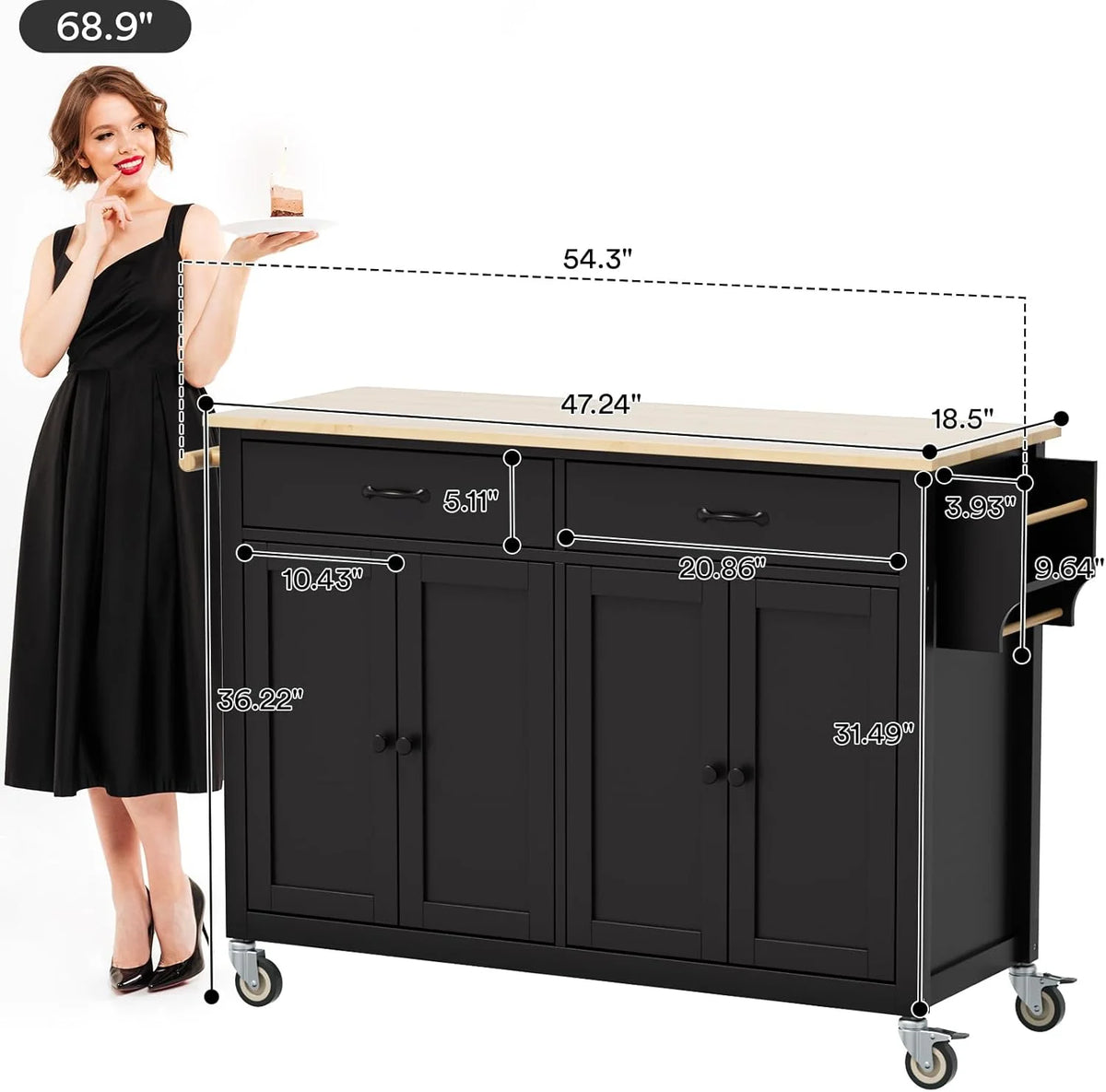 ZIVACATE Rolling Kitchen Island with Drop Leaf and Storage Large 53 in Movable Kitchen Carts White