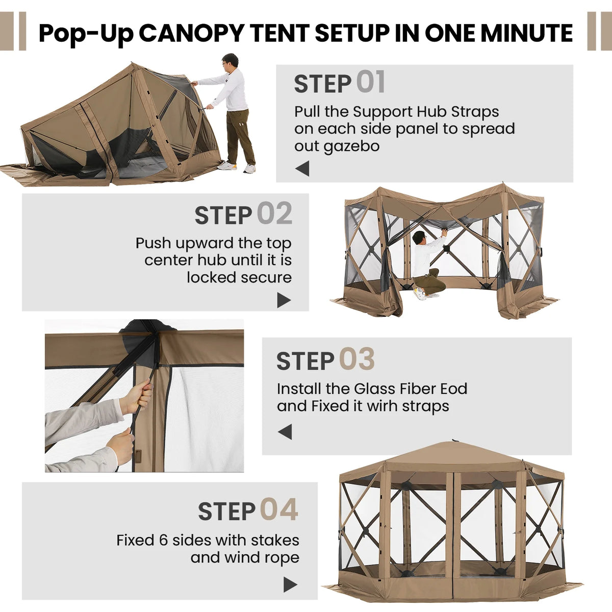 SANOPY 12'x12' Gazebo Outdoor Pop up Gazebo Screen Tent with 6 Sides Mosquito Netting Camping Gazebo Instant Shelter Glamping Tent with Carry bag, Ground Spike, Gray