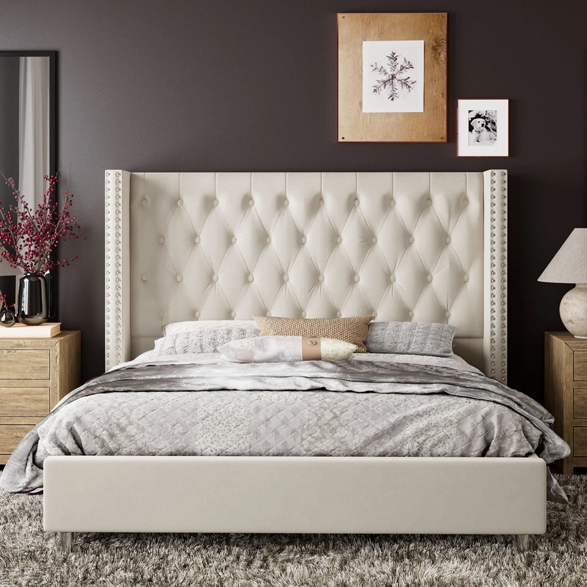 VanAcc Queen Bed Frame Upholstered Bed Wingback Headboard Velvet Tufted Diamond Button/No Box Spring Needed/Easy Assembly/Gray