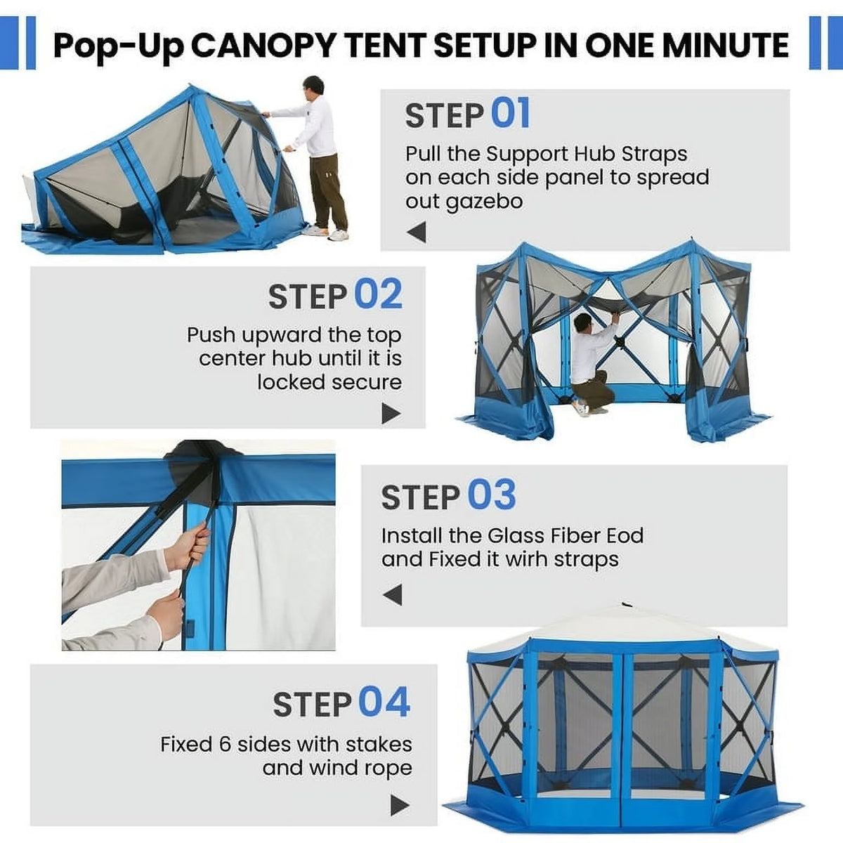 SANOPY 12'x12' Gazebo Outdoor Pop up Gazebo Screen Tent with 6 Sides Mosquito Netting Camping Gazebo Instant Shelter Glamping Tent with Carry bag, Ground Spike, Gray