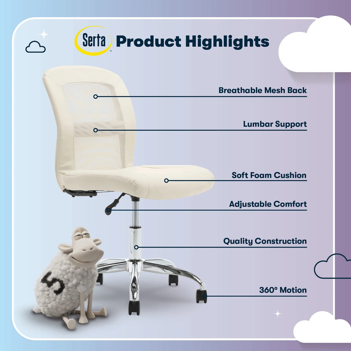 Serta Essentials Armless Task Chair, Faux Leather and Mesh, Cream