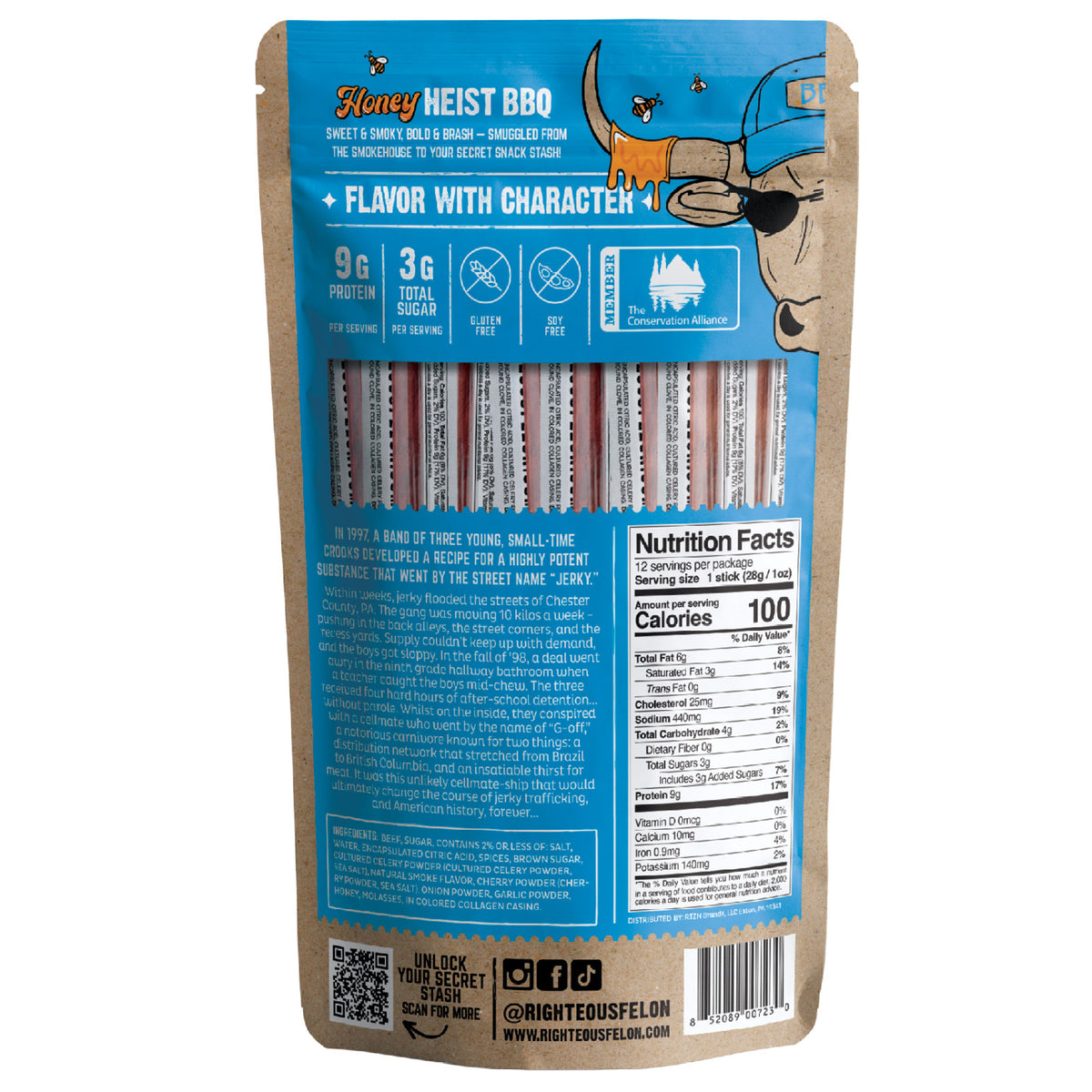 Righteous Felon Honey Heist BBQ Beef Sticks, 1 oz, 12-count