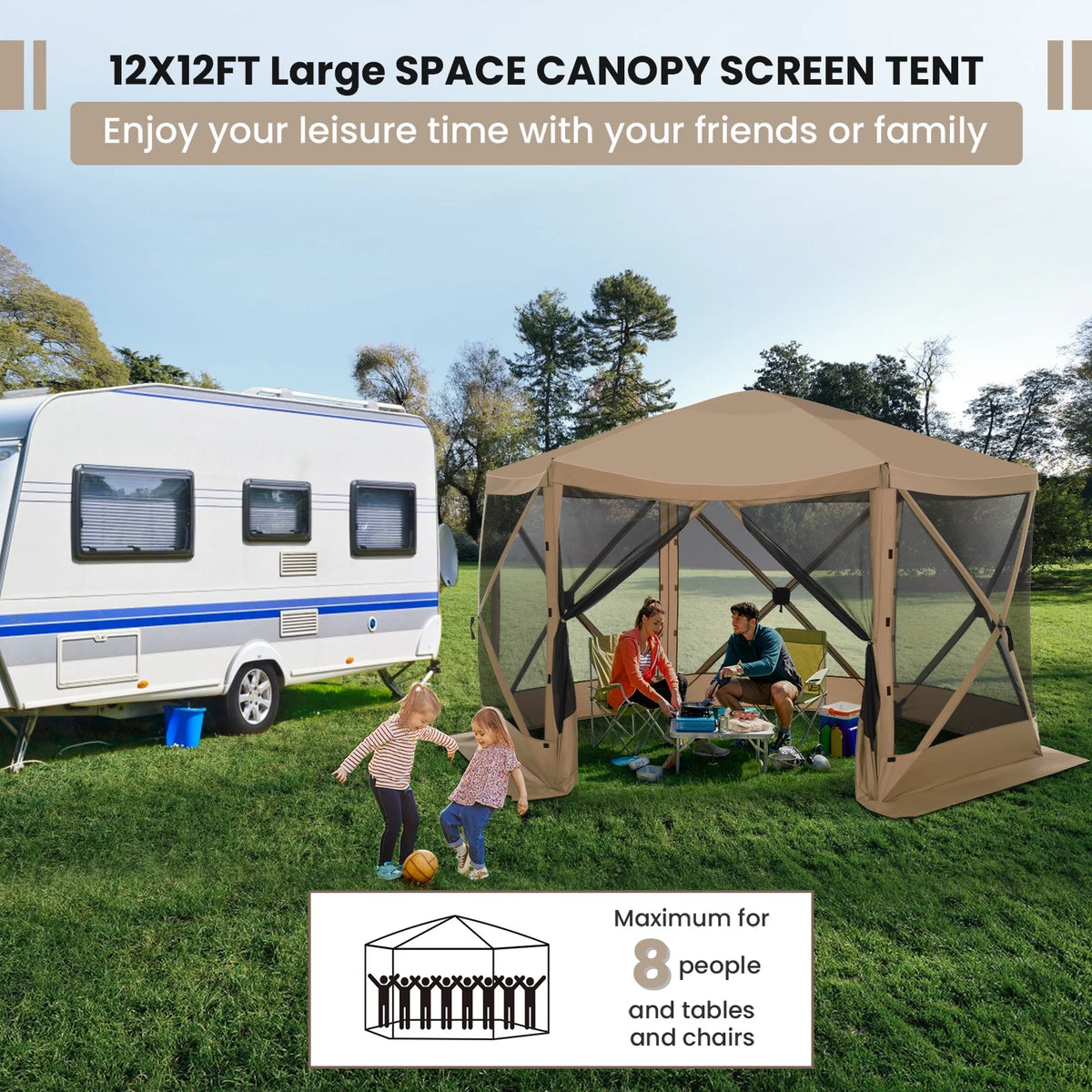 SANOPY 12'x12' Gazebo Outdoor Pop up Gazebo Screen Tent with 6 Sides Mosquito Netting Camping Gazebo Instant Shelter Glamping Tent with Carry bag, Ground Spike, Gray
