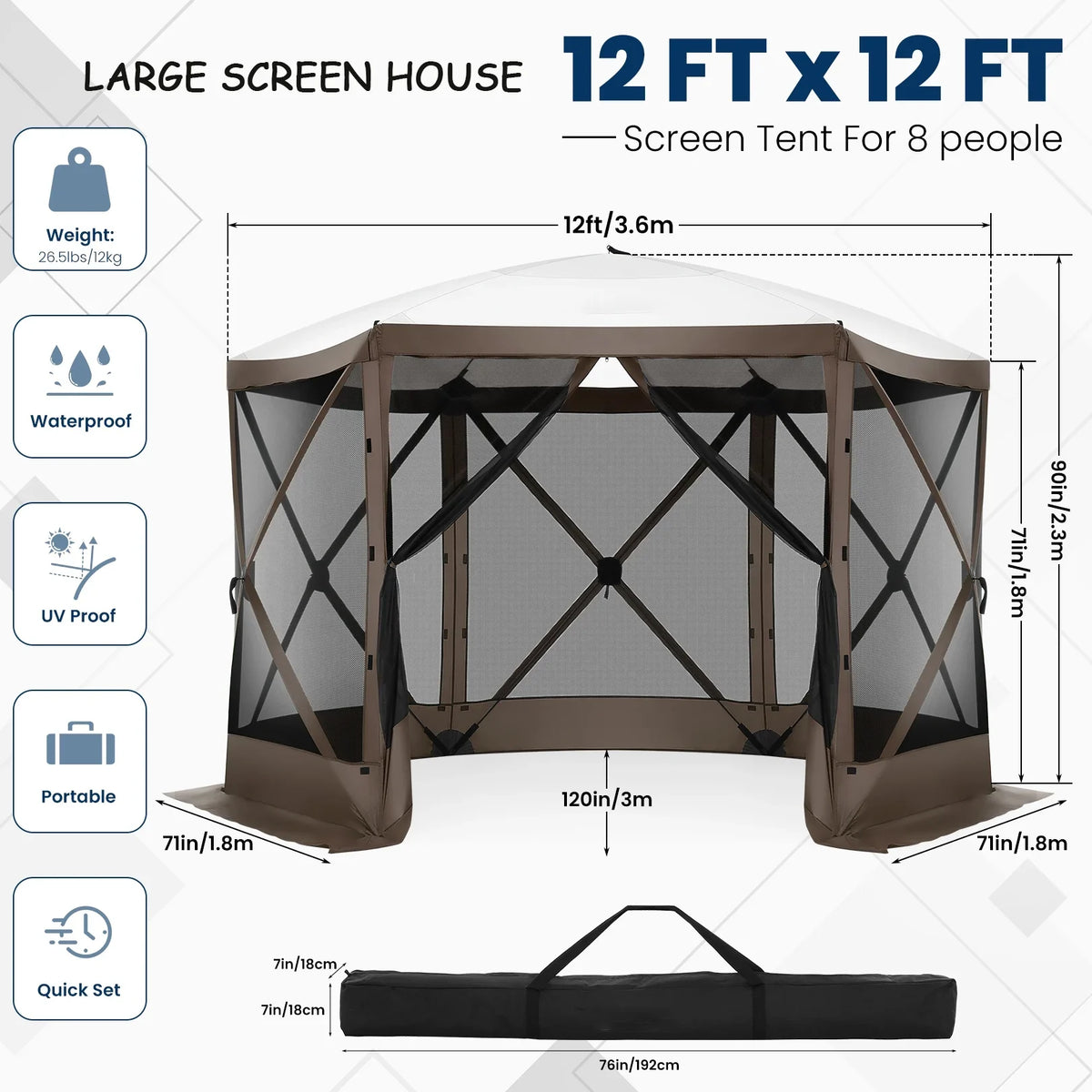 COBIZI 12x12ft Pop-up Gazebo Screen Tent Screen House with sidewalls and Mosquito Netting for Camping, Waterproof, UV Resistant, EZ Set-up Party Canopy with Carrying Bag and Ground Stakes, Brown