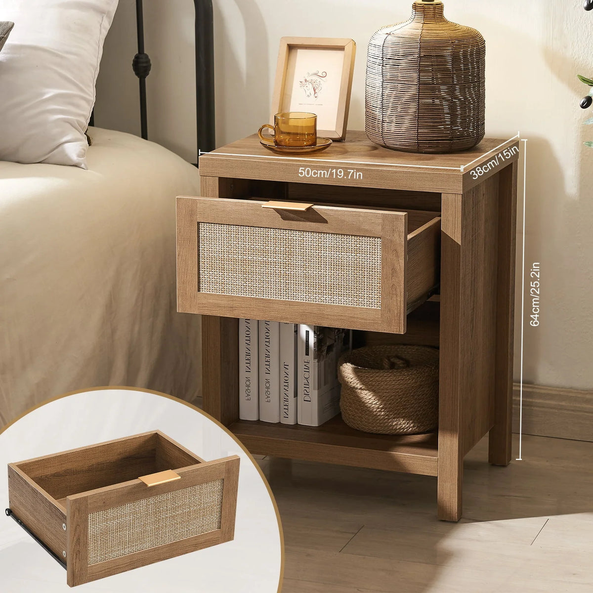 SICOTAS Rattan Nightstand with Drawer and Storage Bedside Table End Table Side Table Accent Table for Bedroom Living Room
