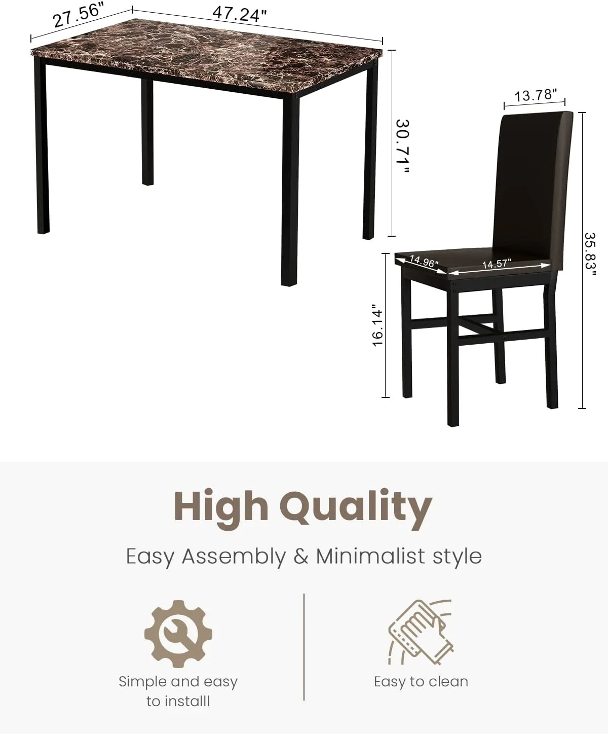AWQM Dining Table Set of 4, Faux Marble 5 Piece Dining Room Table Set with PU Leather Chairs, Rectangular Kitchen Table Set for Apartment, Dining, White