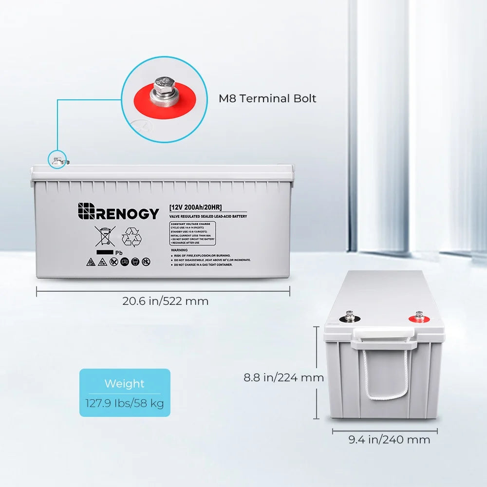 Renogy 200Ah Deep Cycle AGM Battery 12 Volt, 2000A Max Discharge Current, Safe Charge Appliances, RVs, Marine, Solar, off-Grid