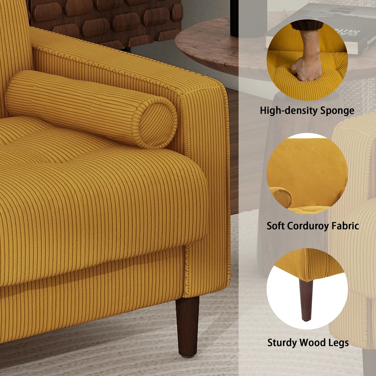 UIXE Corduroy Accent Chair Modern Upholstered Arm Chairs Comfy Reading Armchair with Pillow Armrest Tufted Living Room Single Sofa Lounge Seat, Yellow