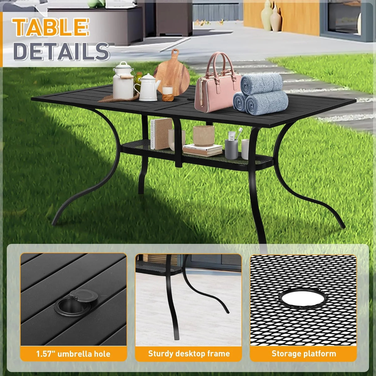 SUNCROWN 5-Piece Outdoor Wrought Iron Chairs and Table Patio Dining Furniture Set - 4 Stackable Metal Chairs, 1 Steel Slat Bistro Table and 1 Sky Blue 9Ft Patio Umbrella for Garden Backyard Deck