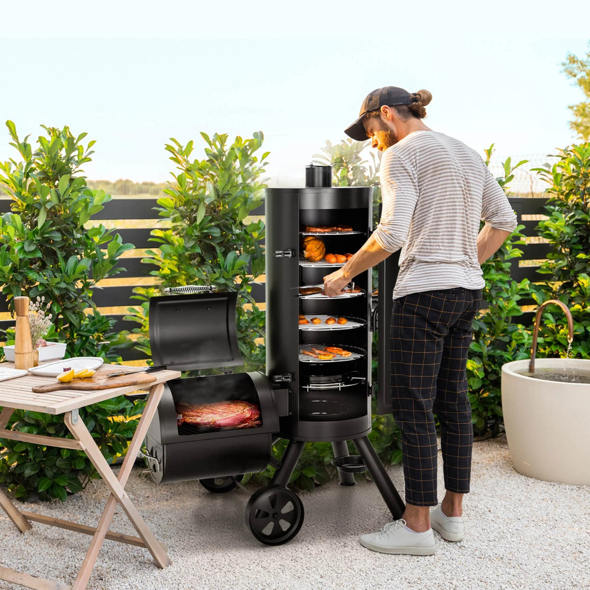 Summit Living Vertical Charcoal Smoker Grill with Offset Smoker 961 sq.in. Extra Large BBQ Grill - Black
