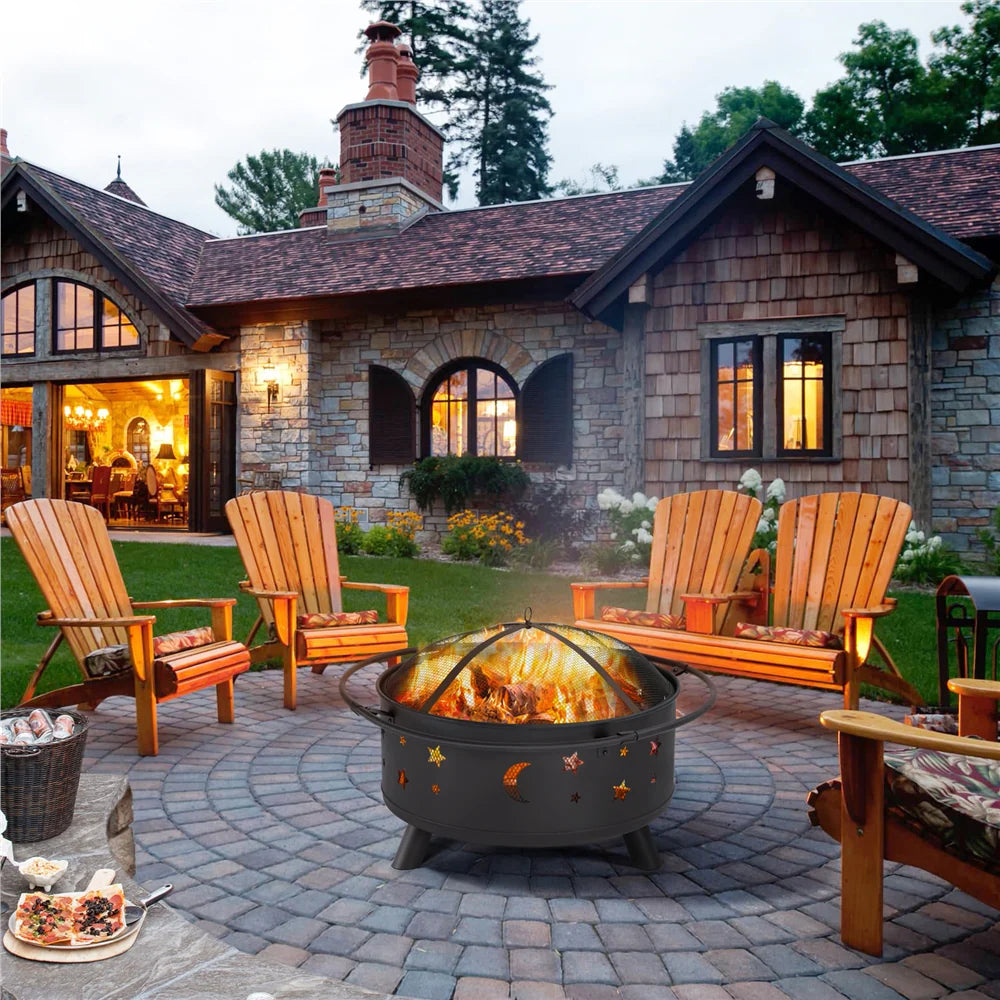 Yaheetech 30'' Outdoor Round Fire Pit, Black, Wood