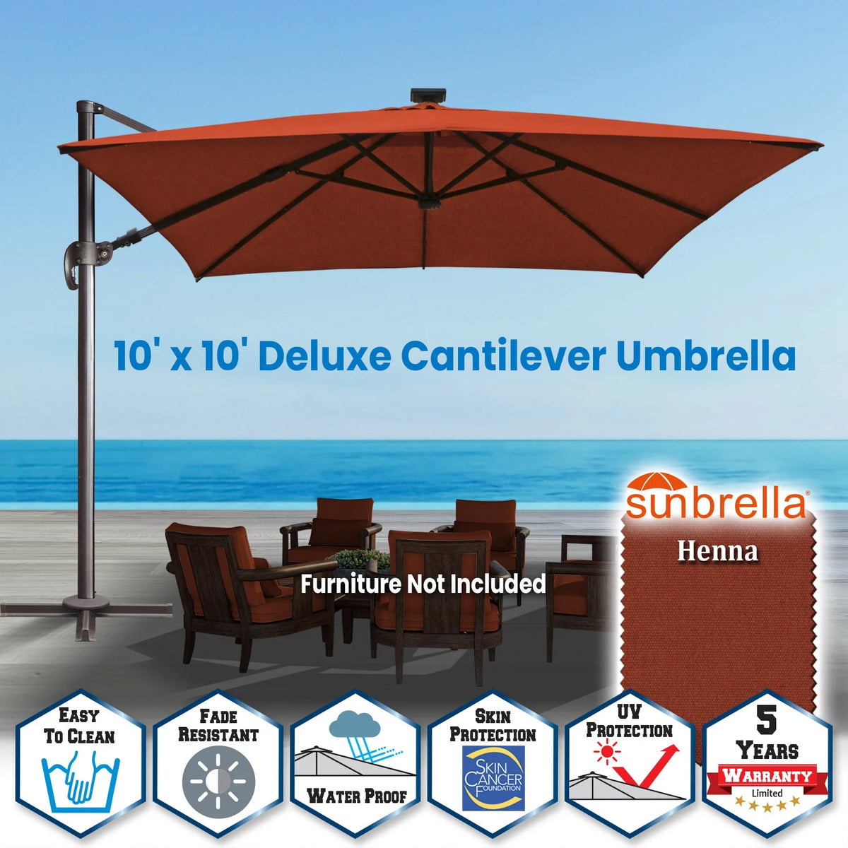 SUNRISEUMBRELLA Square 10'x10' Deluxe Roma square cantilever umbrella, With LED light(Heather Beige)