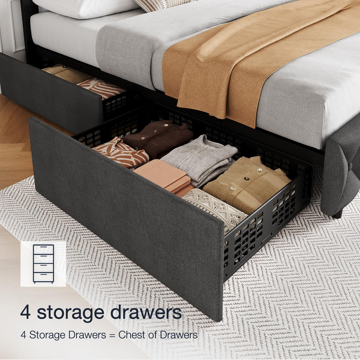TROPOW Full Size Bed Frame,with 4 Storage Drawers and Adjustable Headboard, Linen Upholstered Platform Bed Frame, Diamond Stitched Button Tufted, No Box Spring Needed,White