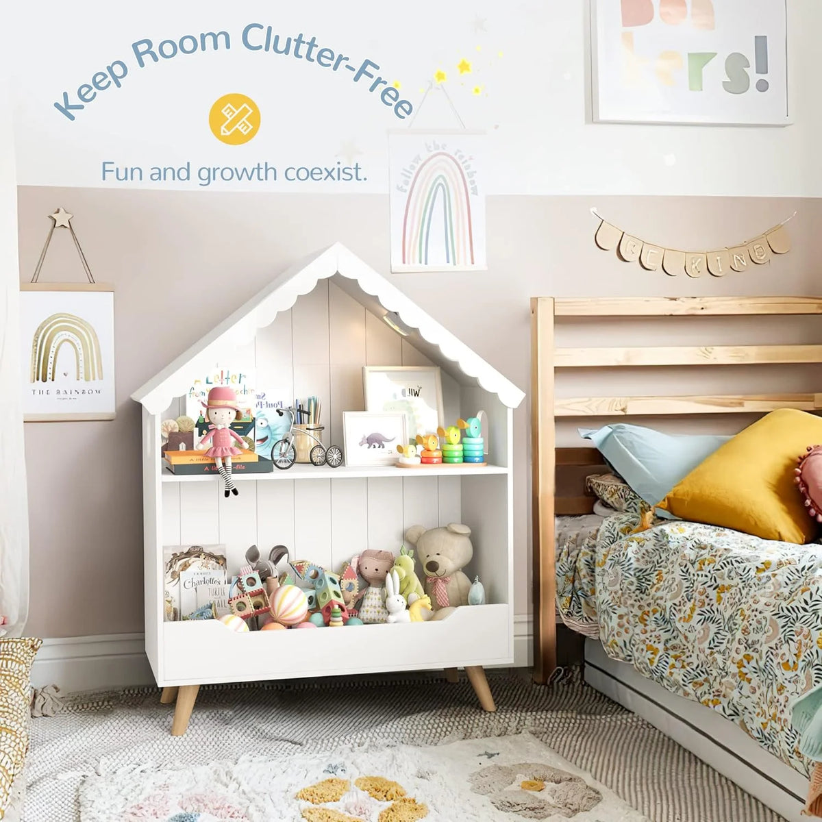 Curipeer 2-Tier Kids Bookshelf, Toy Storage Organizer with Motion-Activated Light, White
