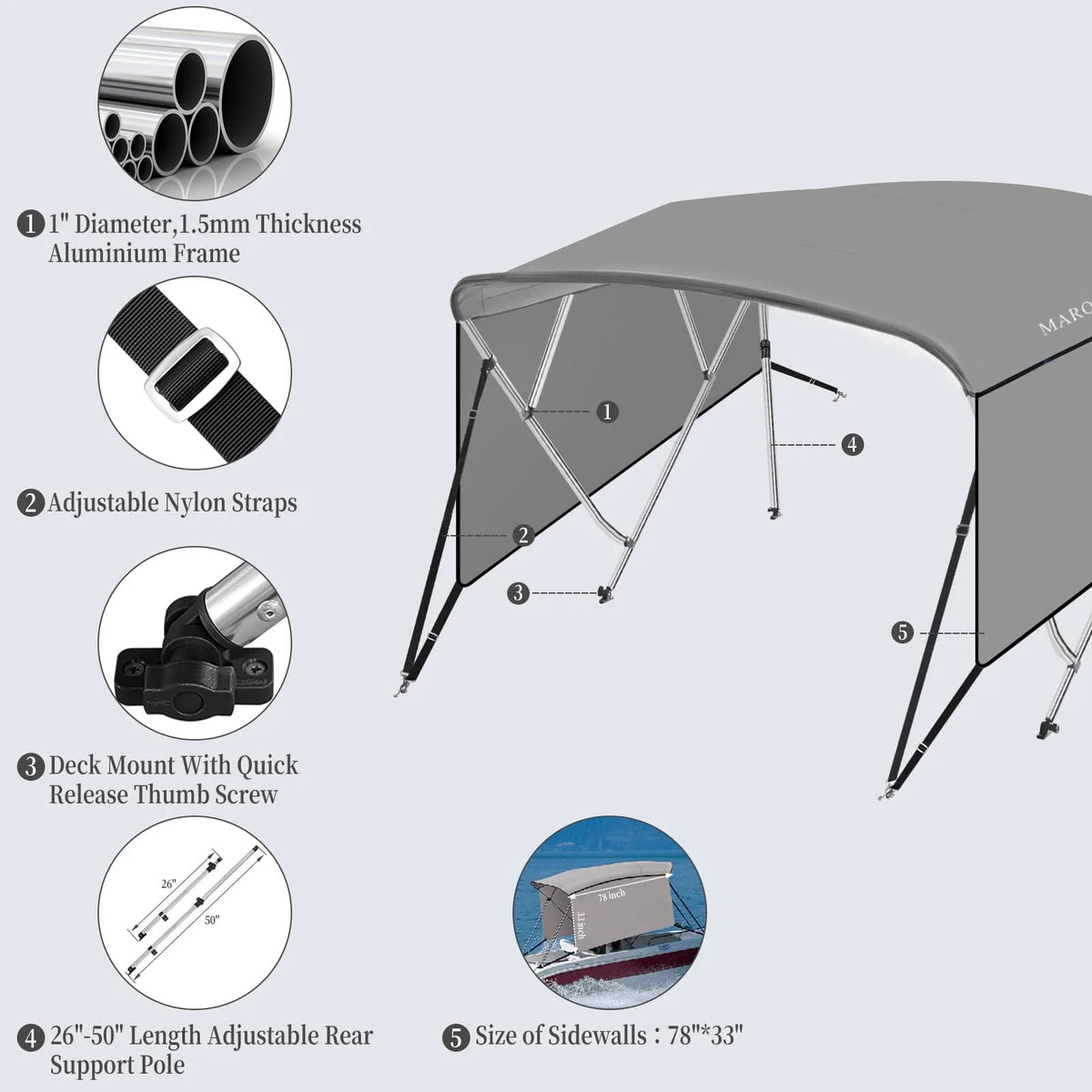 4 Bow Bimini Top Boat Cover with 1” Aluminum Alloy Frame, Include 2 Straps, 2 Adjustable Rear Support Pole, Zippered Storage Boot, PU Coating Canvas（8'L x 54" H x 73"-78" W ，Gray ）