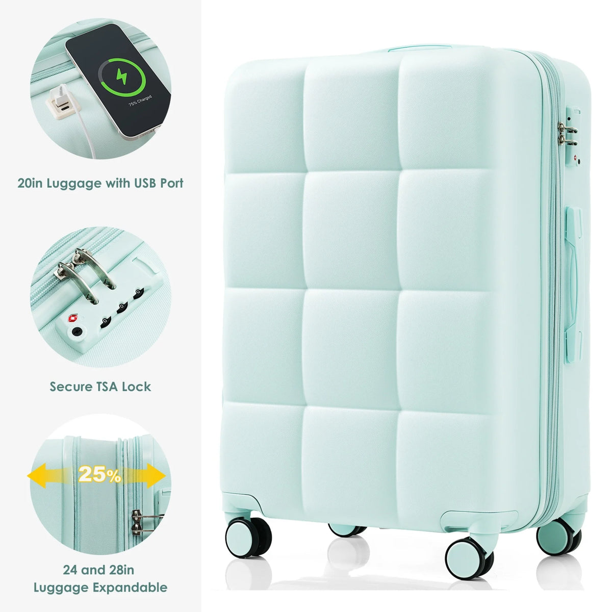 3 Piece Luggage Set , 20/24/28 inches Suitcase Set , ABS Hardshell Expandable Luggage Sets with TSA Lock,20-inch with USB Port, Carry On Luggage for Men Women, Pink