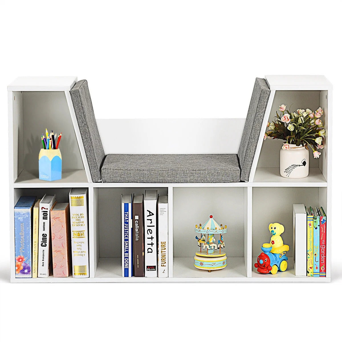 Costway 6 Cubby Kid Storage Cabinet Bookcase Multi-Purpose Shelf Cushioned Reading Nook
