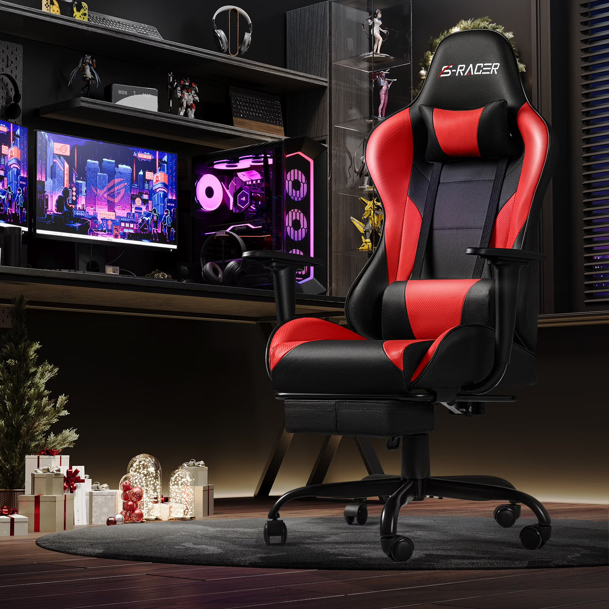 Homall Massage Gaming Chair Office Chair High Back PU Leather Chair with Footrest, Black