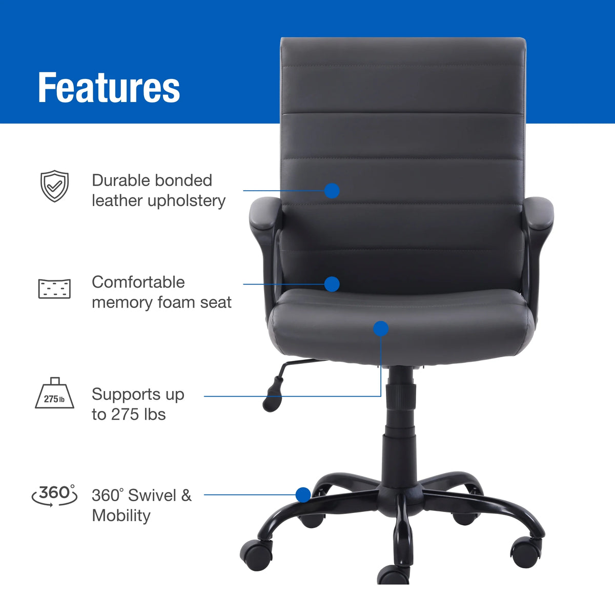 Mainstays Bonded Leather Mid-Back Manager's Office Chair, Gray, Adult