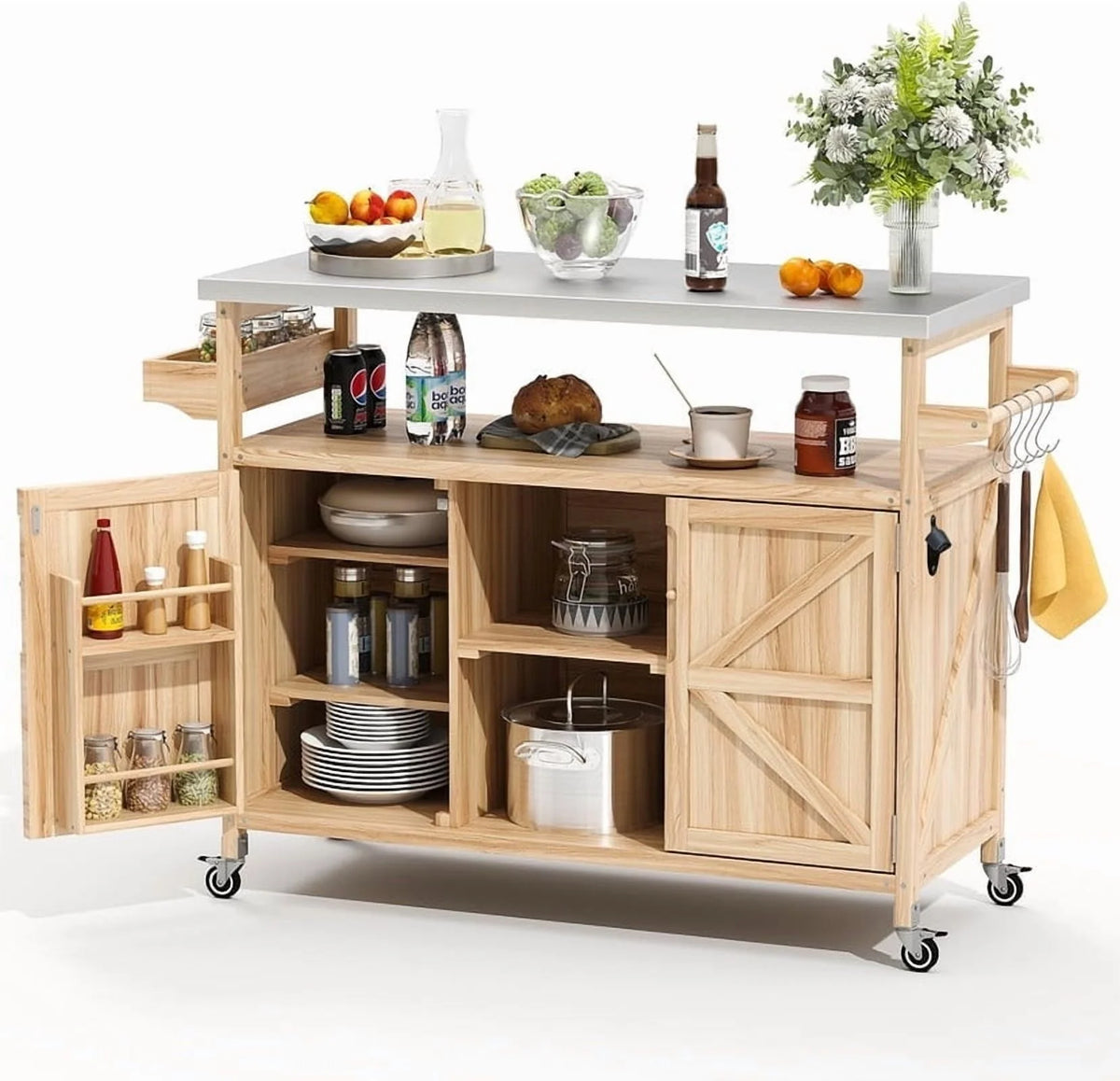 ZIVACATE Rolling Kitchen Island with Drop Leaf and Storage Large 53 in Movable Kitchen Carts White