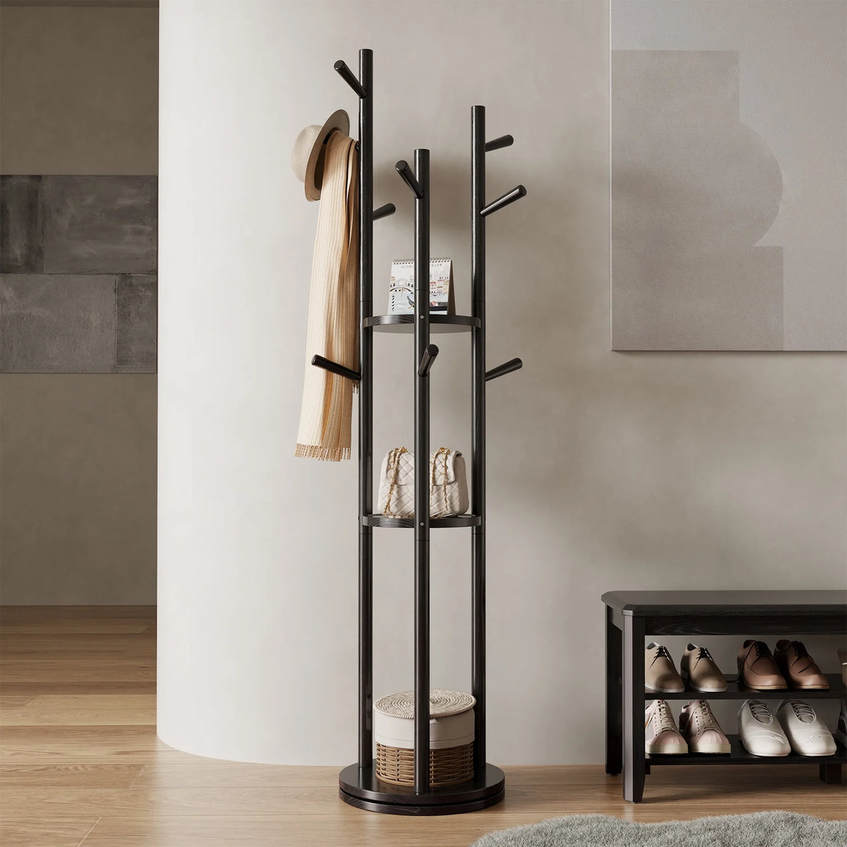 KASLANDI Solid Wood Rotary Coat Rack with 3 Shelves & 9 Hooks, Freestanding Hall Tree Stand, Coat Tree for Entryway, Living Room, Walnut, Easy Assembly