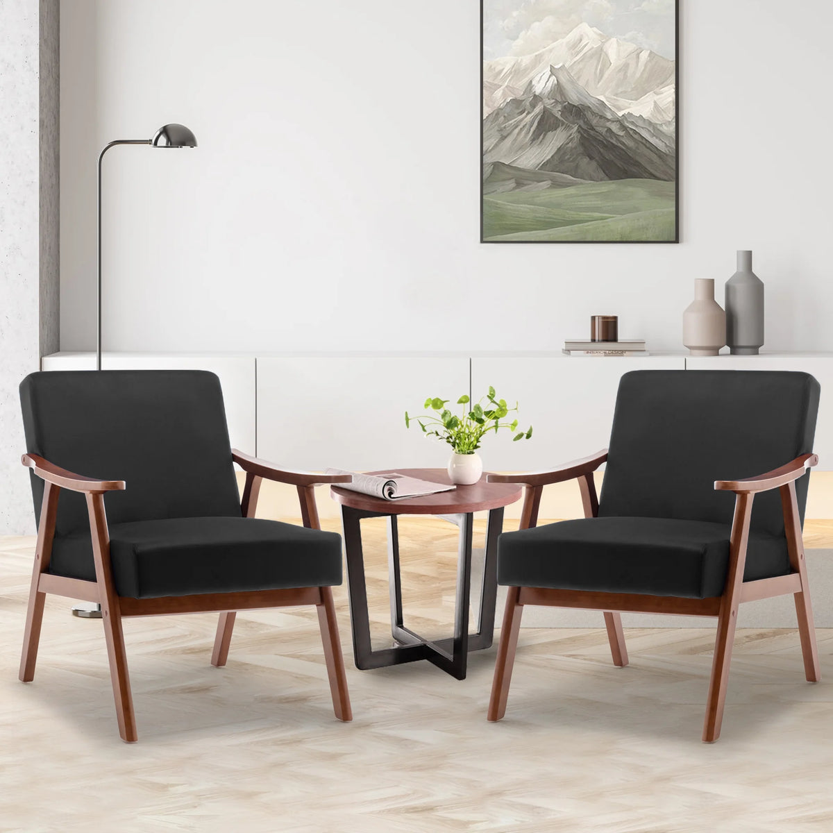 JONPONY Mid-Century Accent Chair,Living Room Chair with Solid Wood Frame,Accent Chair Extra-Thick Backrest,Wingback Chair for Bedroom,Reading Room,Living Room,Small Space,Black