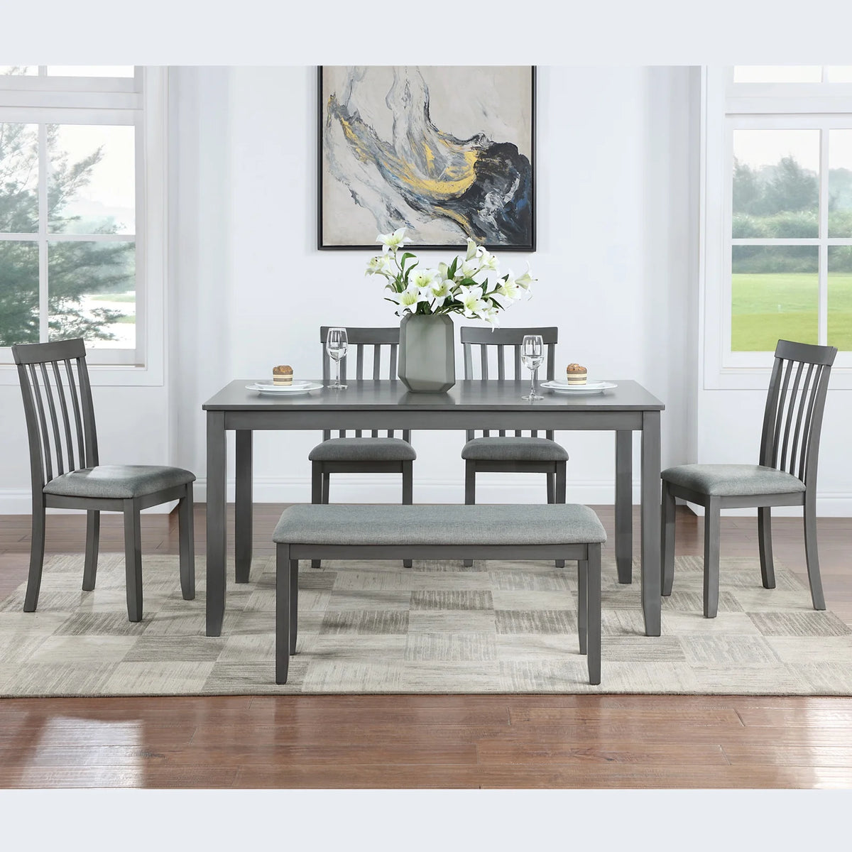 Dining Room Set, LEGAHOME 6 Piece Dining Sets with Bench and Chairs, Solid Wood Kitchen Dining Table Set for 6 with Upholstered Chairs, Gray