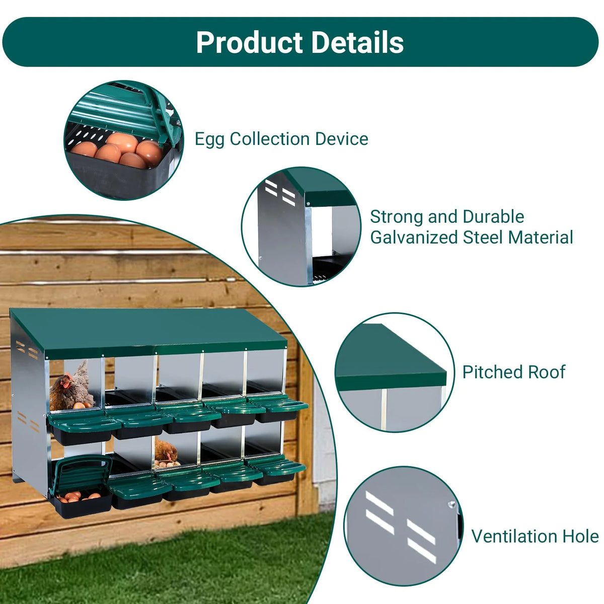 Chicken Nesting Box, 6/8/10 Compartment Nesting Box, Heavy Duty Chicken Coop Nesting Box with Removable Tray, Metal Chicken Laying Box for Chicken