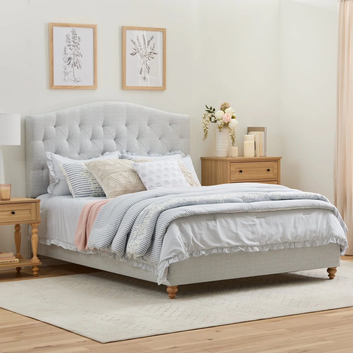 My Texas House Anna Upholstered Diamond Tufted Platform Bed, Queen, Light Gray