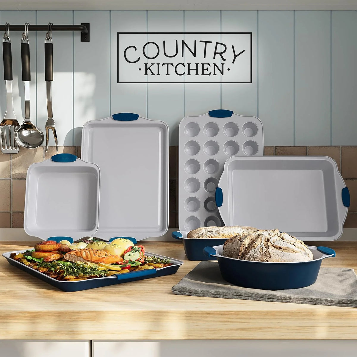 Country Kitchen 10-Piece Nonstick Bakeware Set - Stackable Pots and Pans, Black
