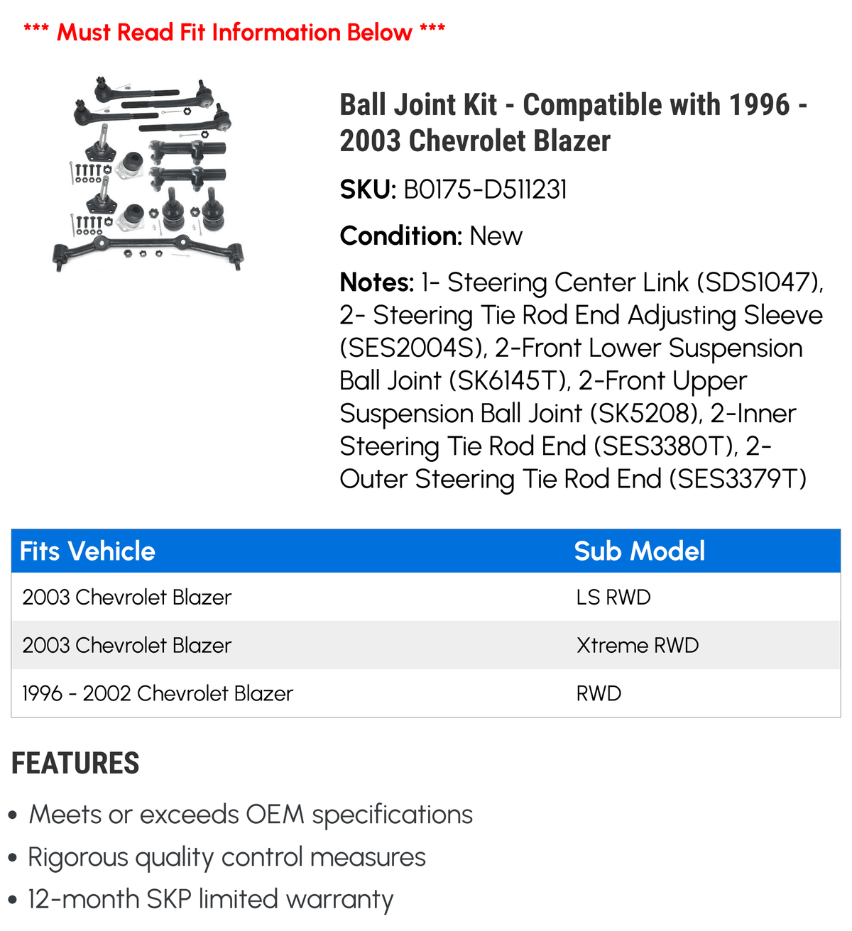 Ball Joint Kit - Compatible with 1996 - 2003 Chevy Blazer 1997 1998 1999 2000 2001 2002