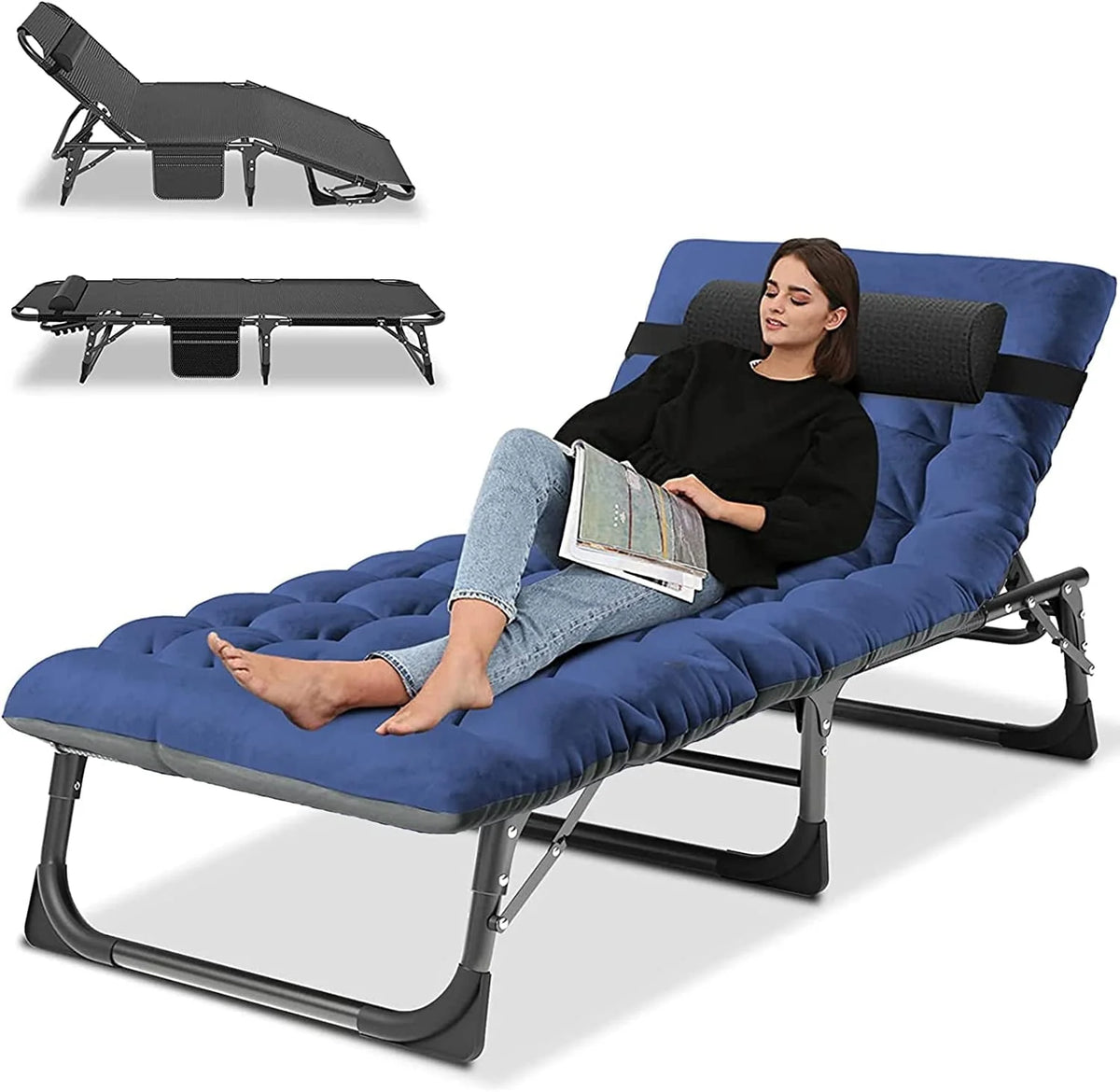 ABORON Folding Camping Cot with 2-Sided Pad & Pillow for Adults & Kids, Adjustable 5-Position Folding Lounge Chair, Folding Cot, Sleeping Cots Bed