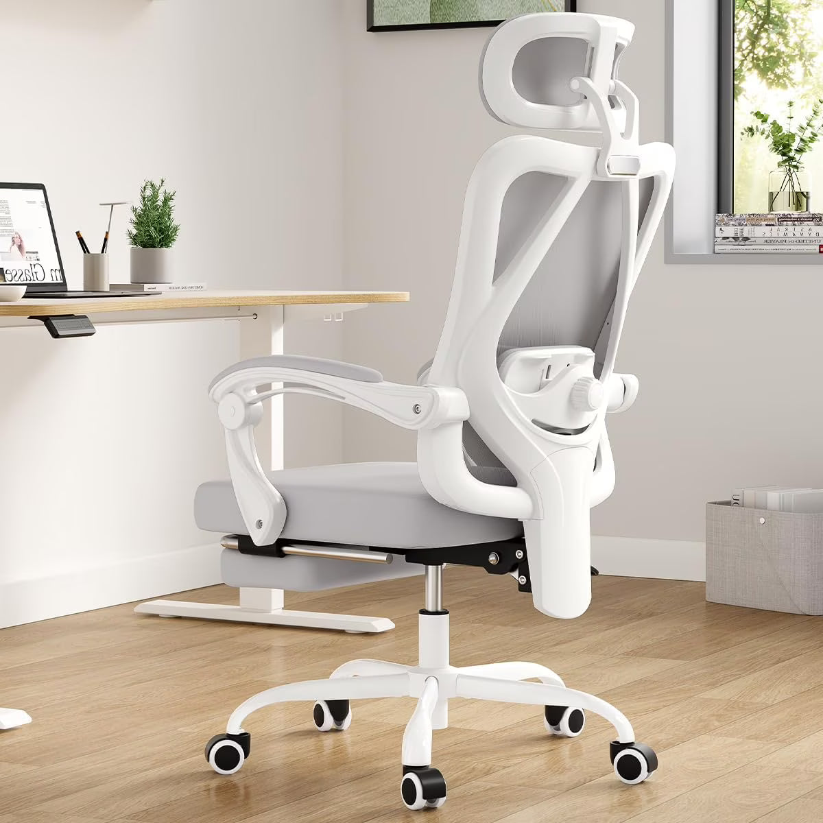 STARY Ergonomic Office Chair with Footrest, High Back Mesh Desk Chair with Adjustable Headrest & Lumbar Support, Comfortable Computer Chair for Home Office Study, White & Beige