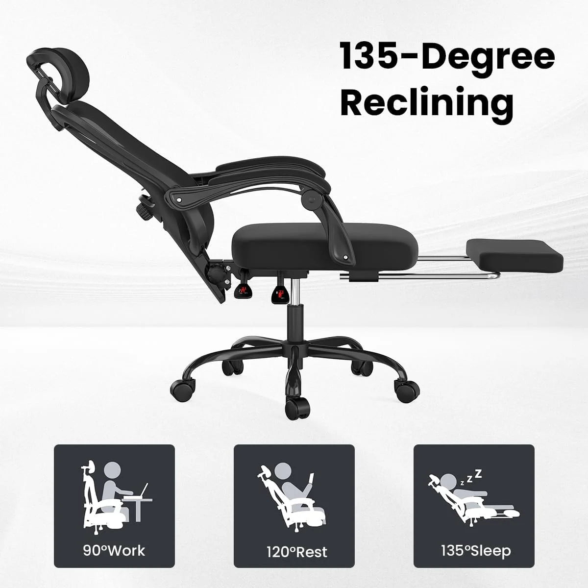 STARY Ergonomic Office Chair with Footrest, High Back Mesh Desk Chair with Adjustable Headrest & Lumbar Support, Comfortable Computer Chair for Home Office Study, White & Beige