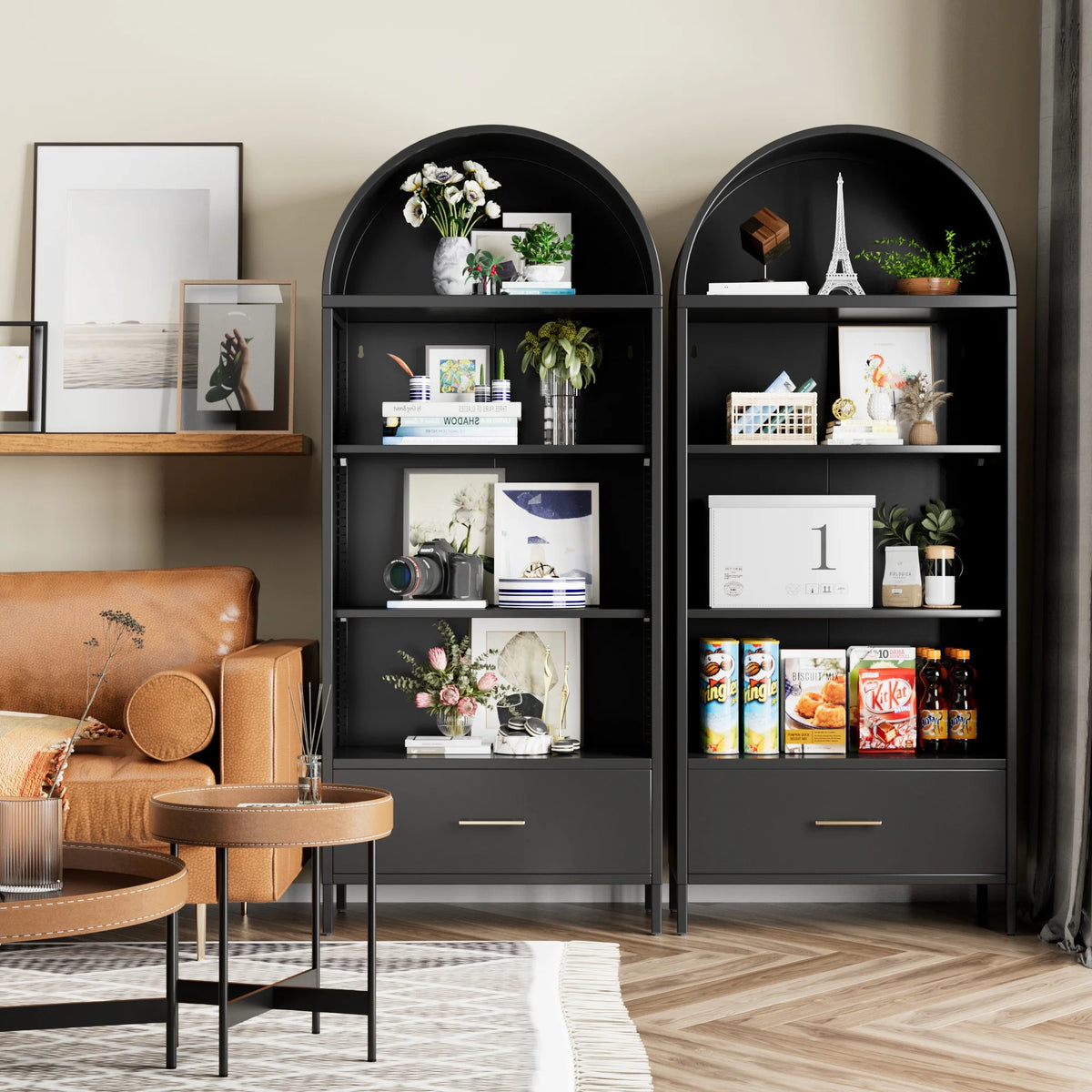 SUPEER Metal Arched Storage Display Cabinet with Glass Doors and Adjustable Shelves, Lockable Cabinet, Assembly Required, Black