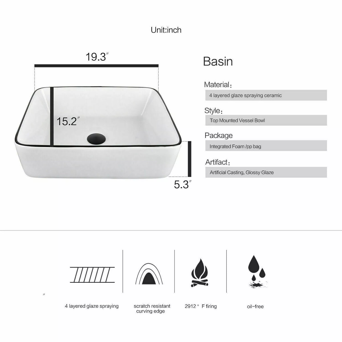 FULLWATT Bathroom Ceramic Sink Vanity Vessel Basin Porcelain Faucet Drain Combo Rectangle,White