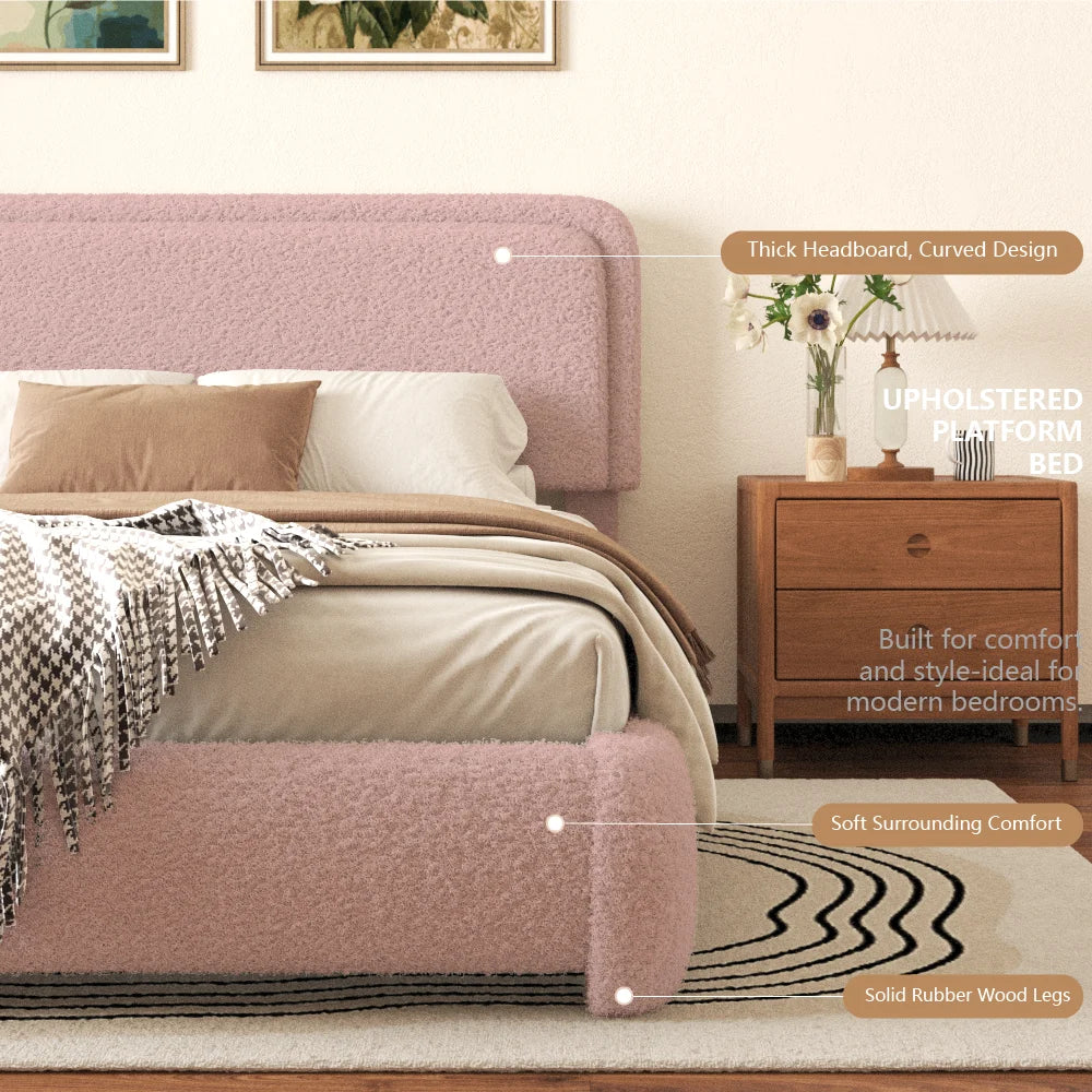 VIPLOV King Size Boucle Bed Frame, Cloud Upholstered Platform Bed with Height Adjustable Headboard & Soft Rounded Corners, No Noise Free, Easy Assembly,Beige