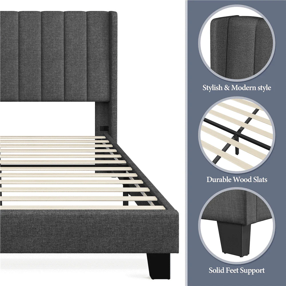 Yaheetech Upholstered Wingback Bed with Support and Mattress Foundation, Queen, Dark Gray
