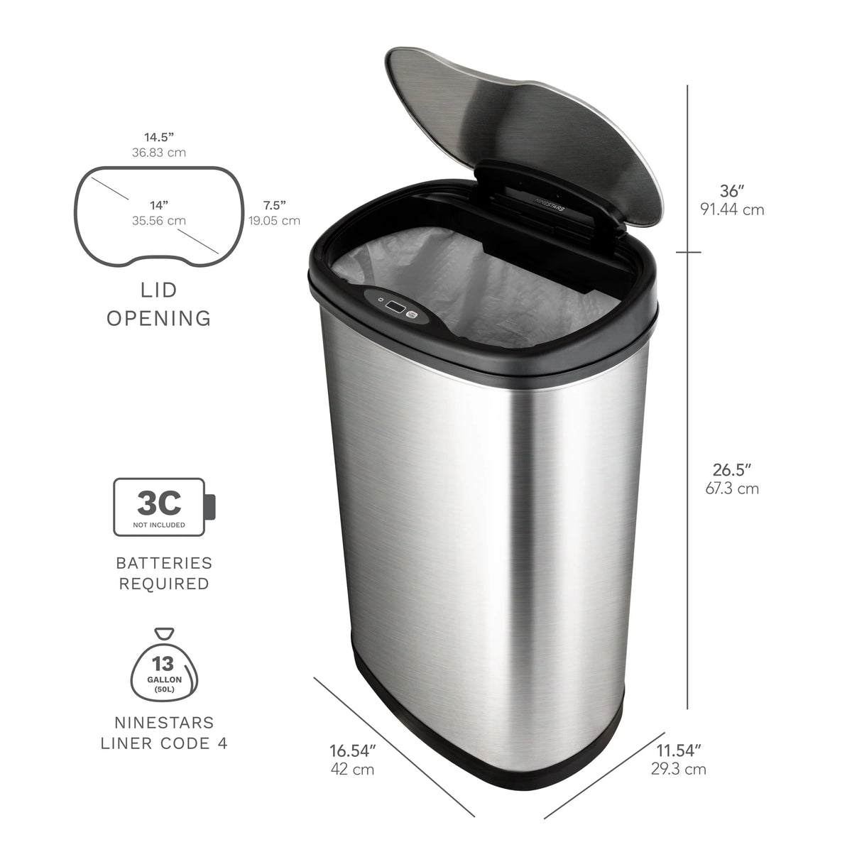 Nine Stars 13.2 Gallon Trash Can, Motion Sensor Kitchen Trash Can, Stainless Steel