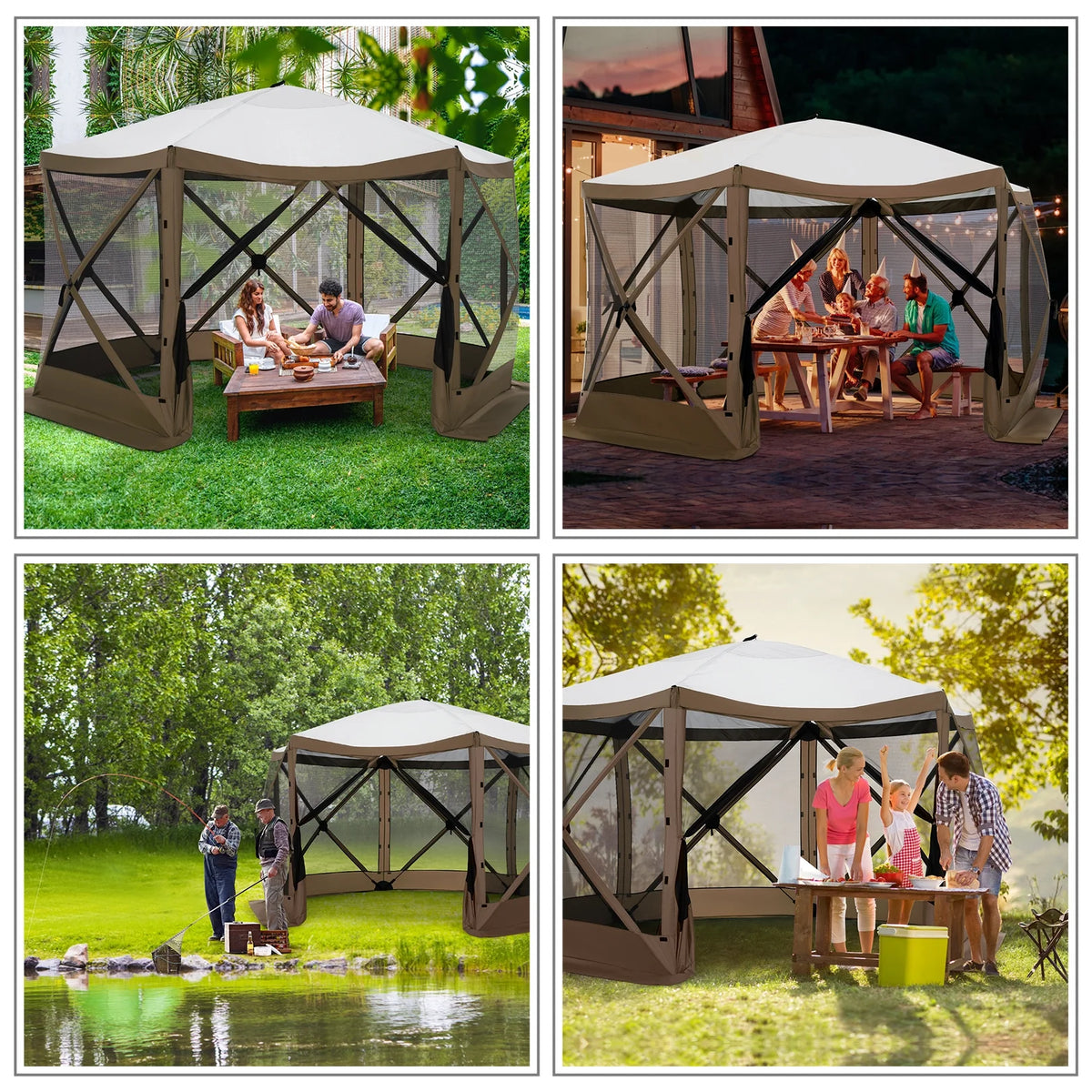 SANOPY 12'x12' Gazebo Outdoor Pop up Gazebo Screen Tent with 6 Sides Mosquito Netting Camping Gazebo Instant Shelter Glamping Tent with Carry bag, Ground Spike, Gray