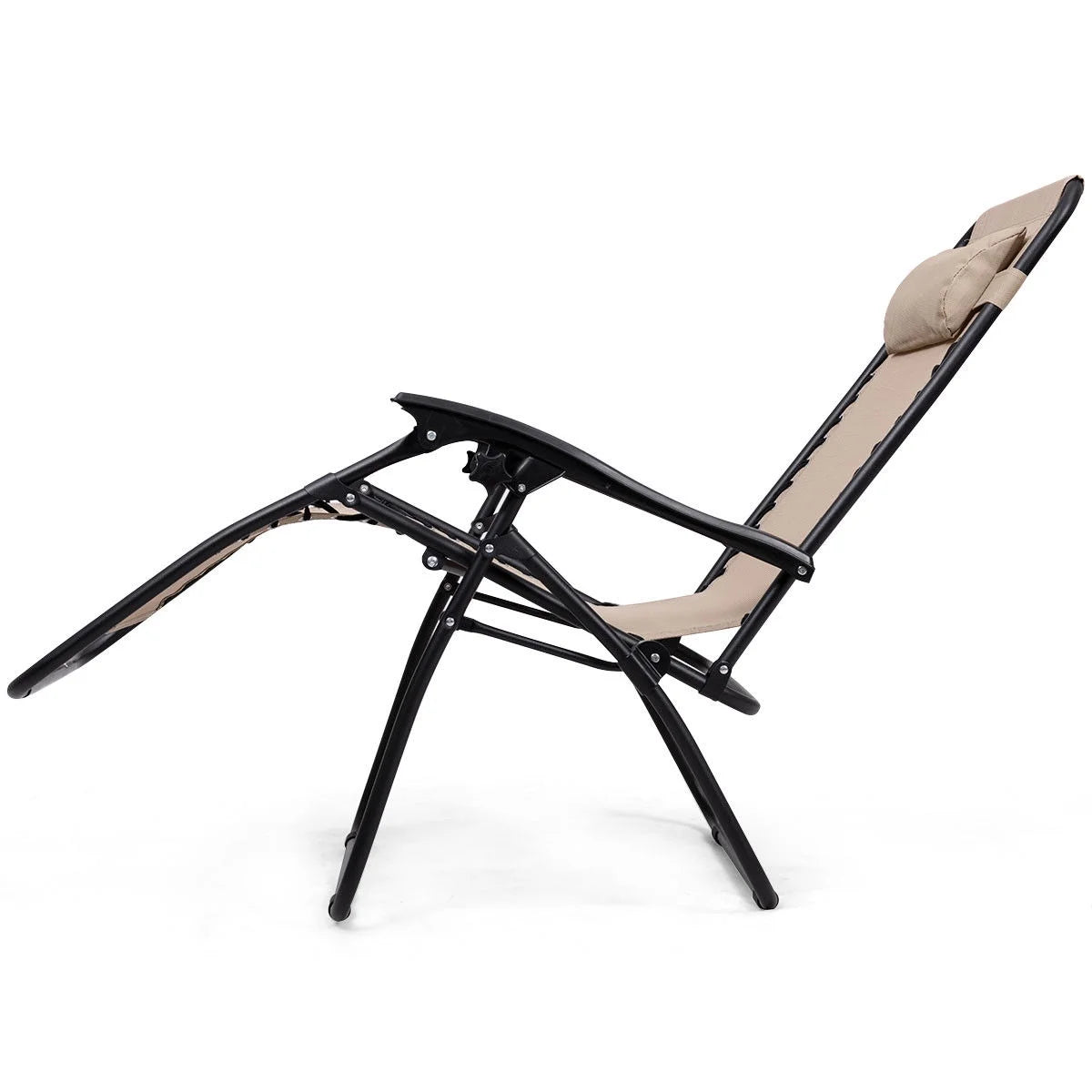 Gymax 3PC Zero Gravity Reclining Lounge Chairs Pillows Table Portable Folding Beige