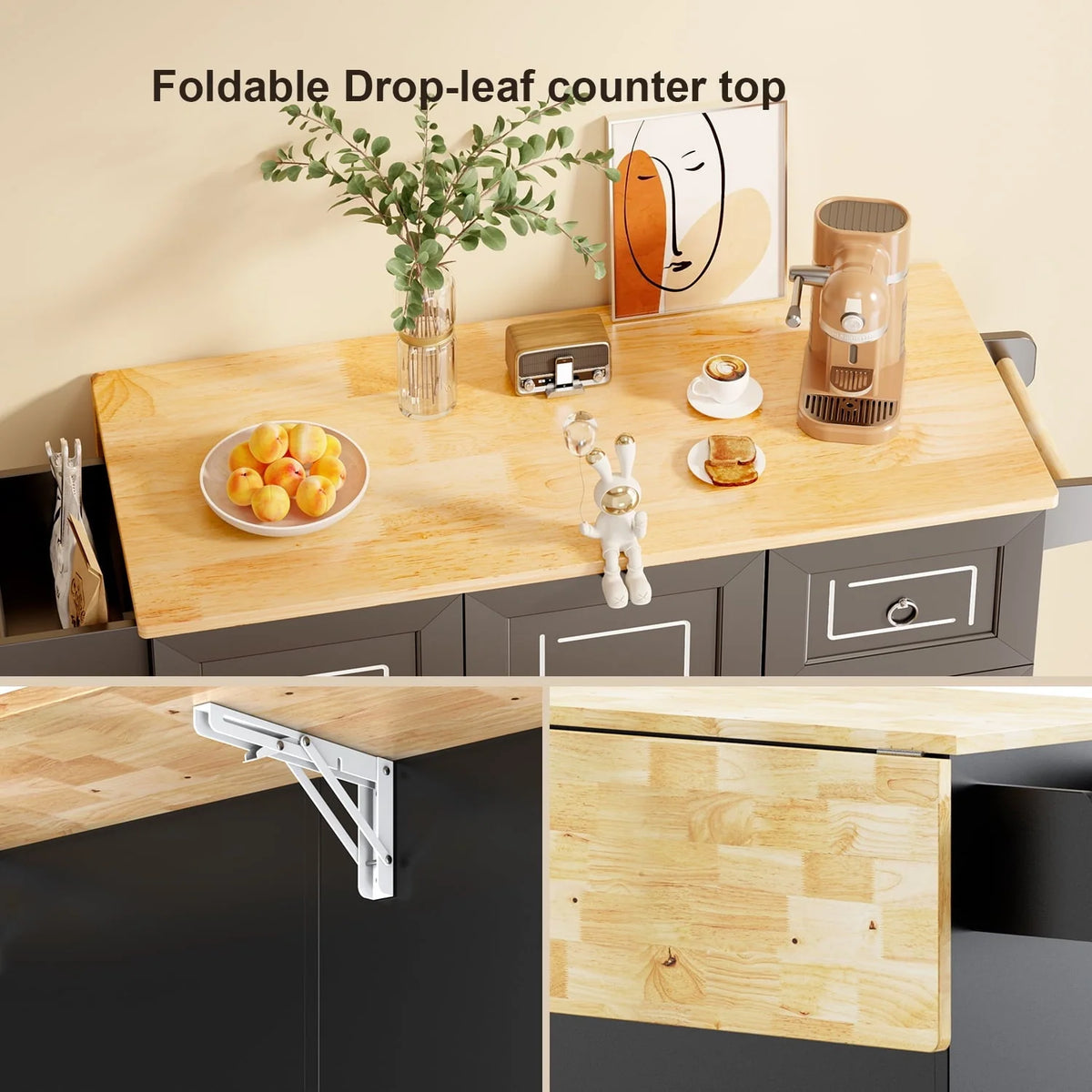 Lofka Kitchen Island with Storage,  Kitchen Island on Wheel with Wood Drop Leaf Tabletop,Black