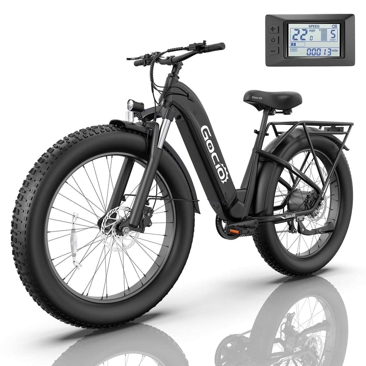 Gocio Electric Bike for Adults, 26" Fat Tire E-Mountain Bike, 1350W Peak Motor 48V 15Ah Battery, 22MPH 7-Speed Ebike for off Road, UL 2849