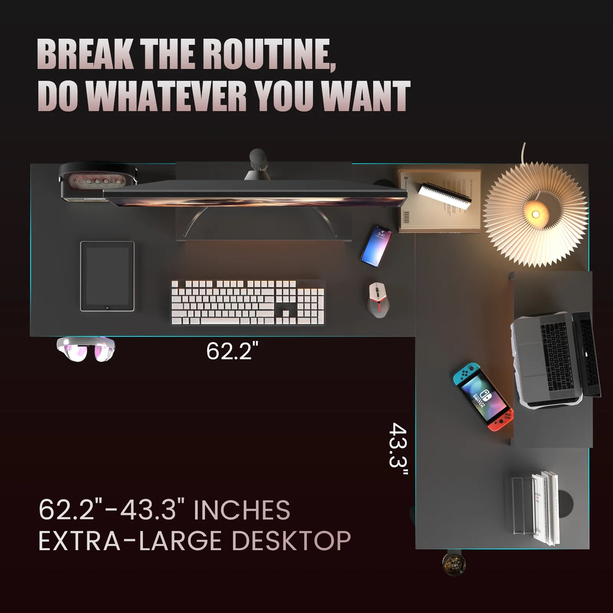 GTRACING L-Shaped Gaming Desk with RGB Light and Removable Storage Stands, Black