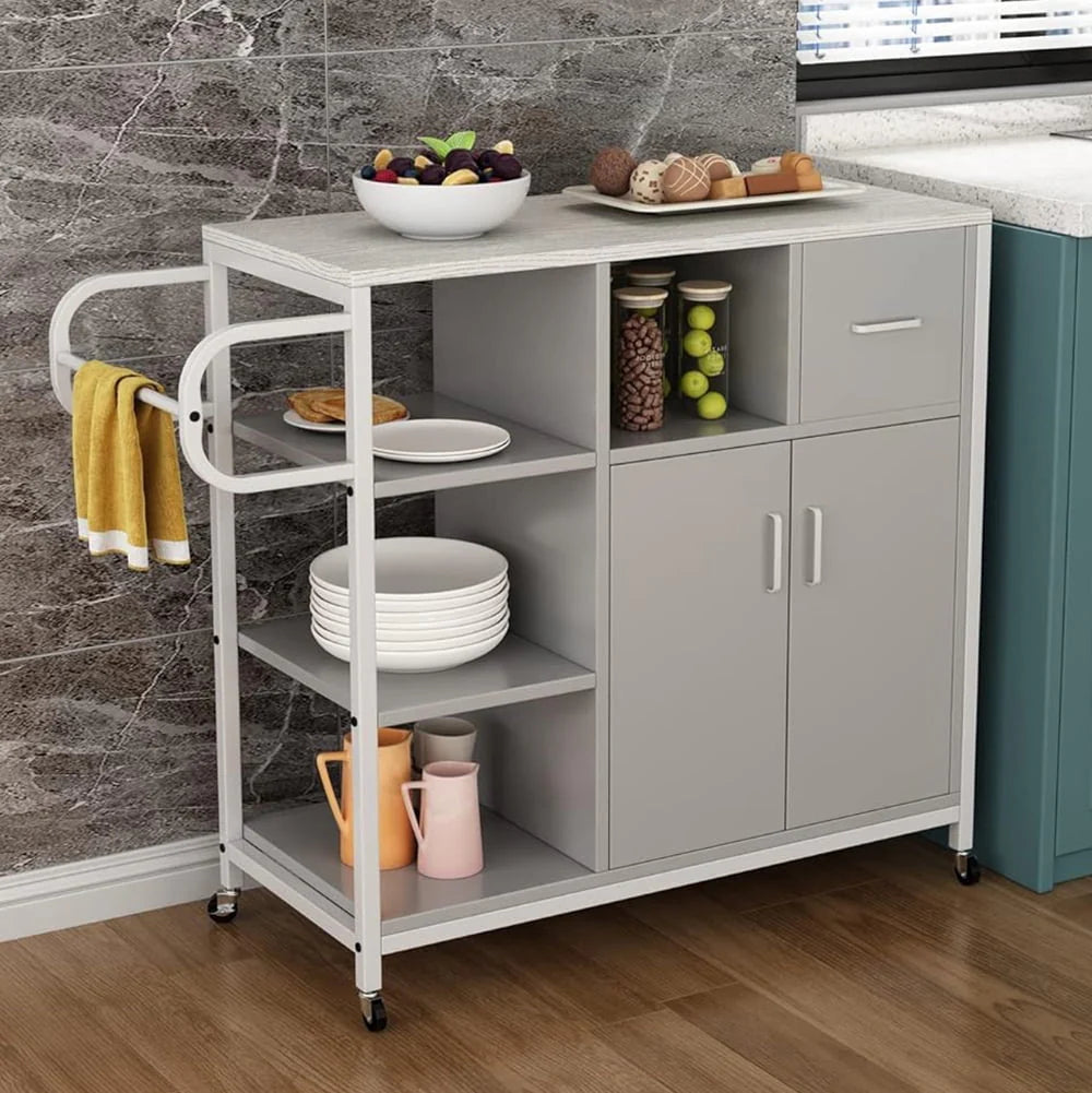 Kitchen Storage Cabinet,Storage Racks, Kitchen Island on 4 Wheels,Mobile Kitchen Table Suitable for displaying Small appliances, for Dining Room Kitchen,Gray