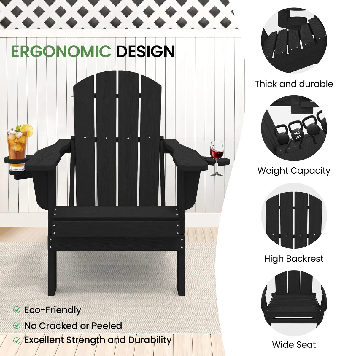 SERWALL Folding Adirondack Chair Set with Dual Cup Holders & Phone Holder, All-Weather HDPE Fire Pit Chairs for Outdoor, Patio, Poolside, Garden - Black