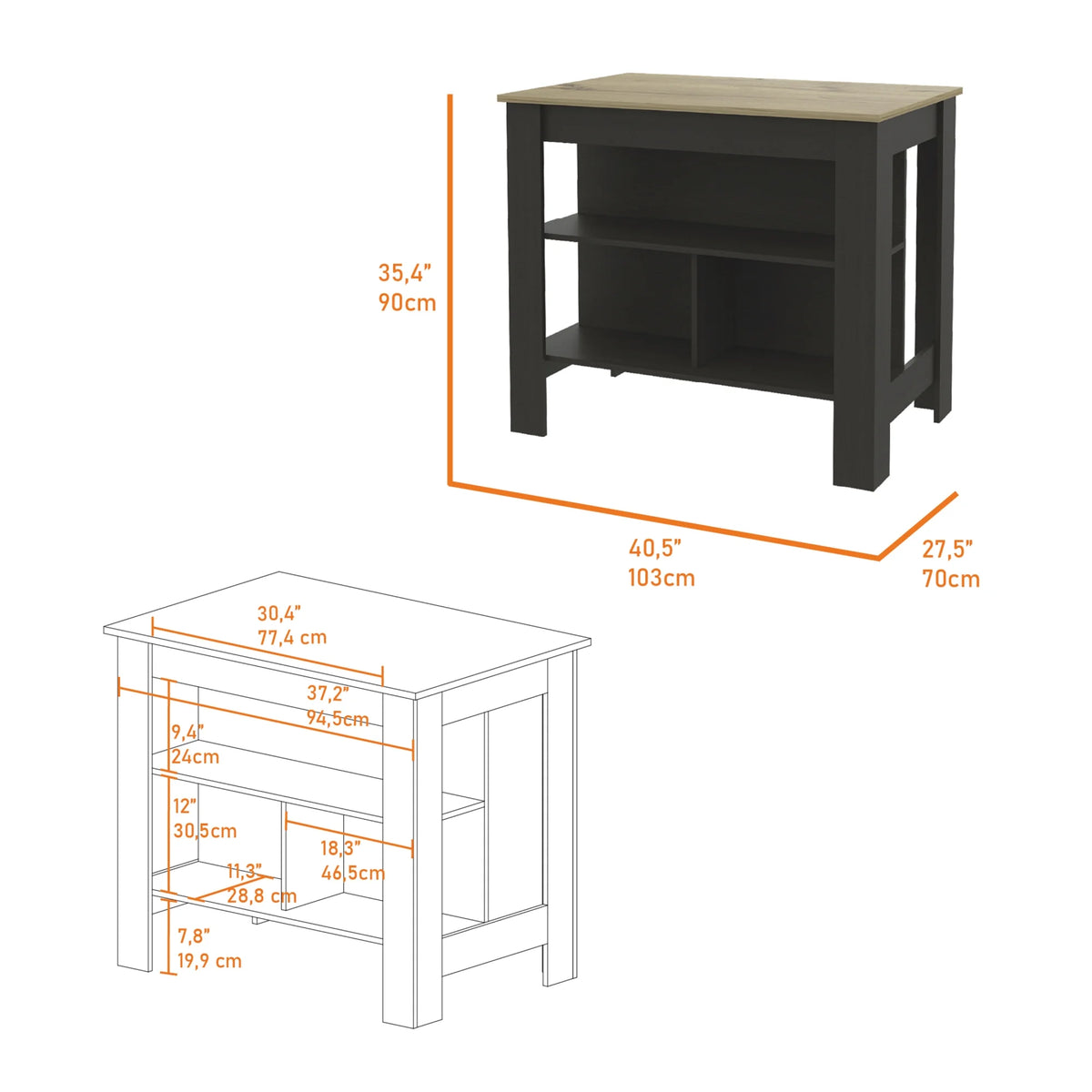 Dawn Whisper Rockaway 3-Shelf Kitchen Island Black Wengue and Light Oak
